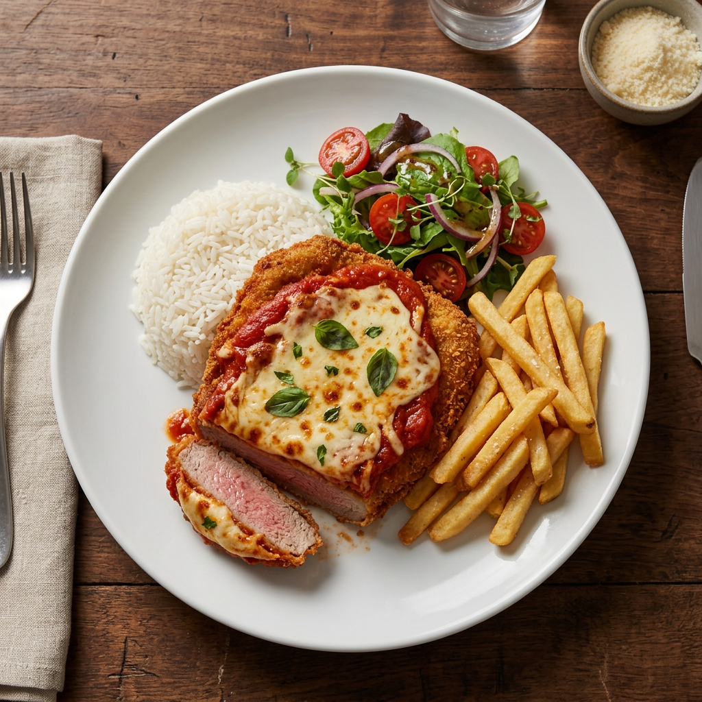 Filé à parmigiana ao ponto, arroz, batata rústica e salada da casa.
